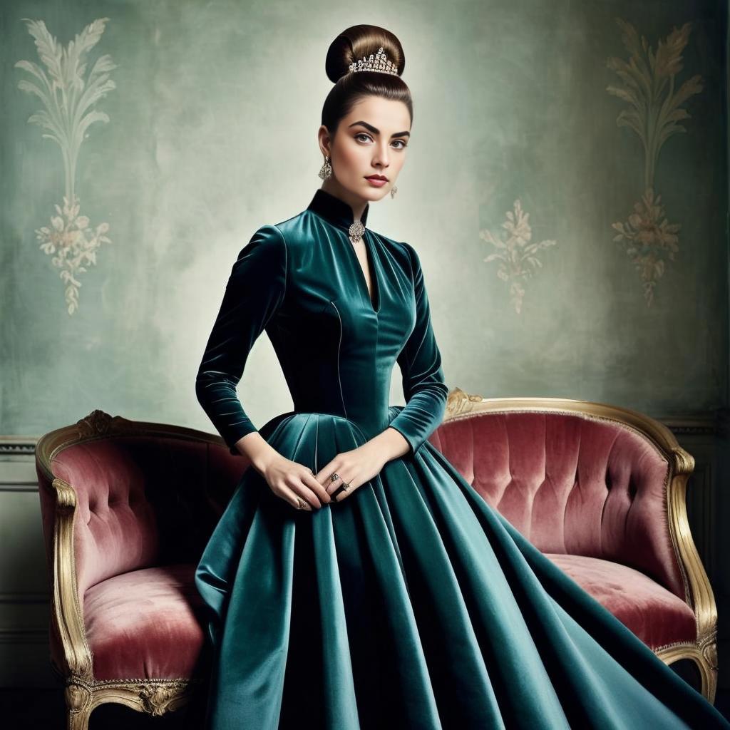 Elegant Woman in Teal Velvet Gown on Vintage Sofa Elegant Woman in Teal Velvet Gown on Vintage Sofa