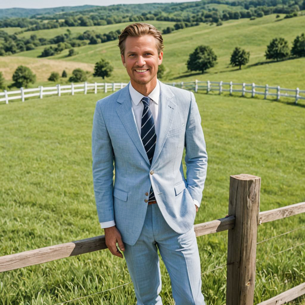 Stylish Man in Light Blue Suit by Wooden Fence