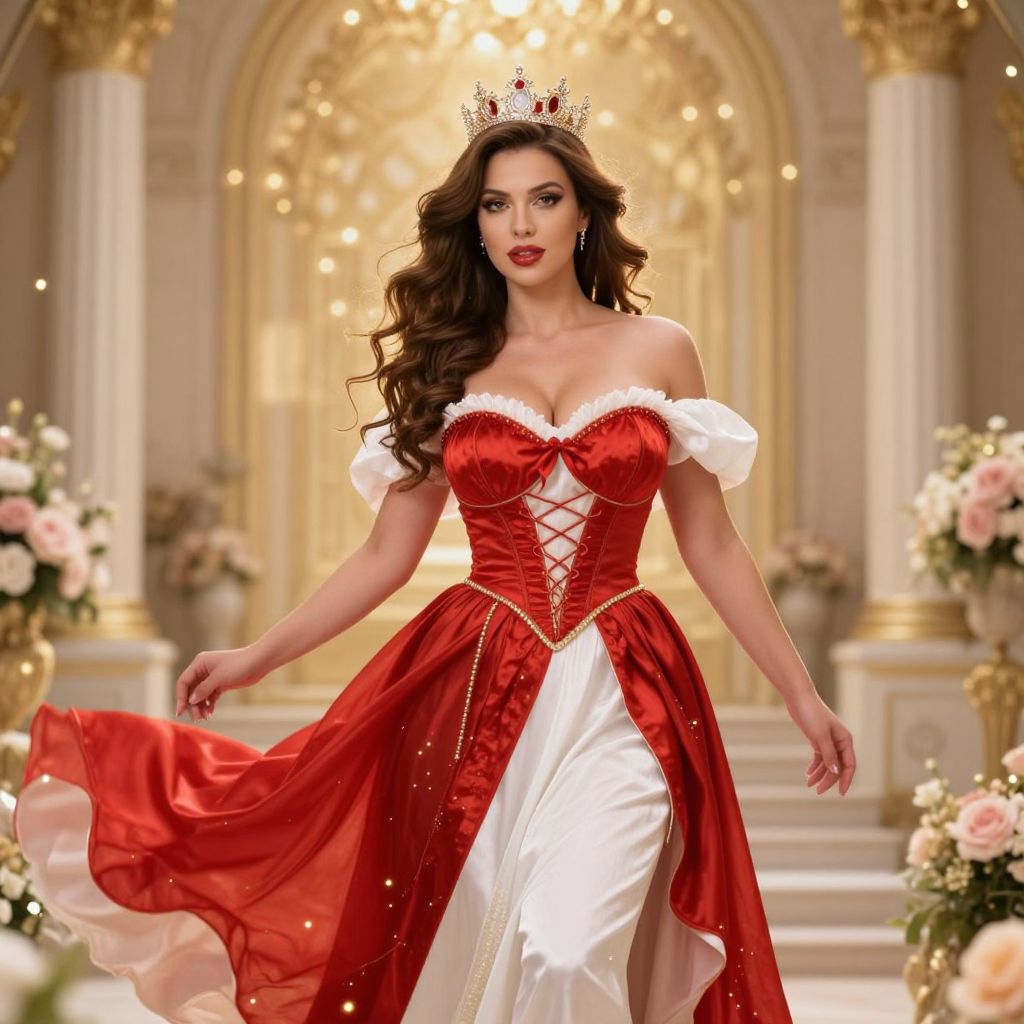 Elegant Woman in Red Satin Gown and Crown in Luxurious Palace Setting