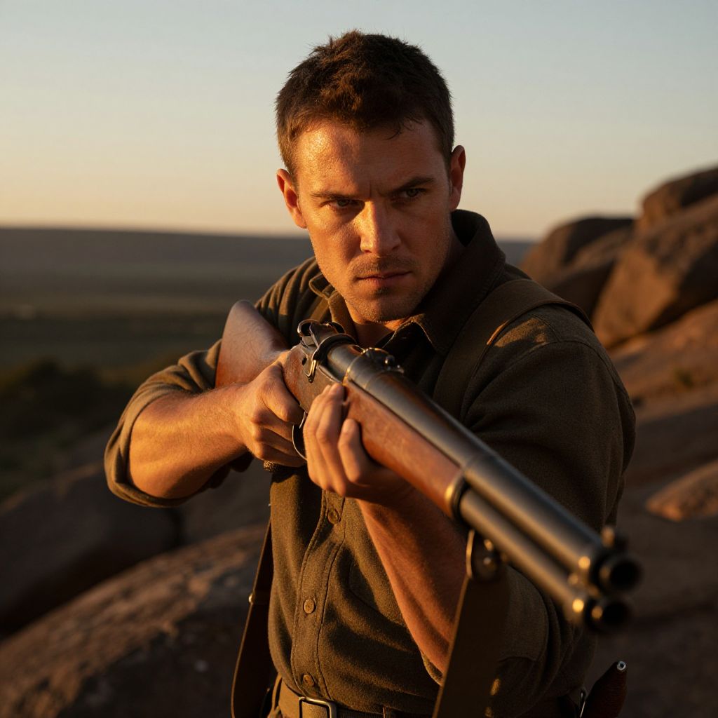 Focused Man Aiming Vintage Shotgun Outdoors at Golden Hour