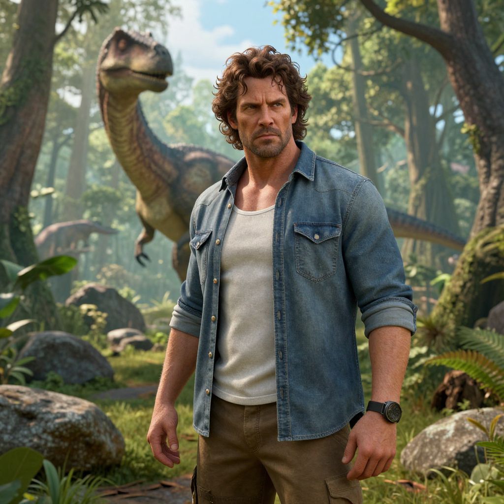Man in Denim Shirt Standing in Dinosaur Forest CGI Scene