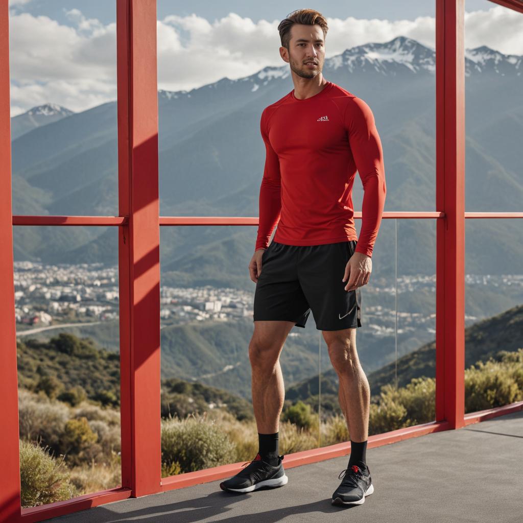 Fit man in red athletic shirt on balcony with mountain views