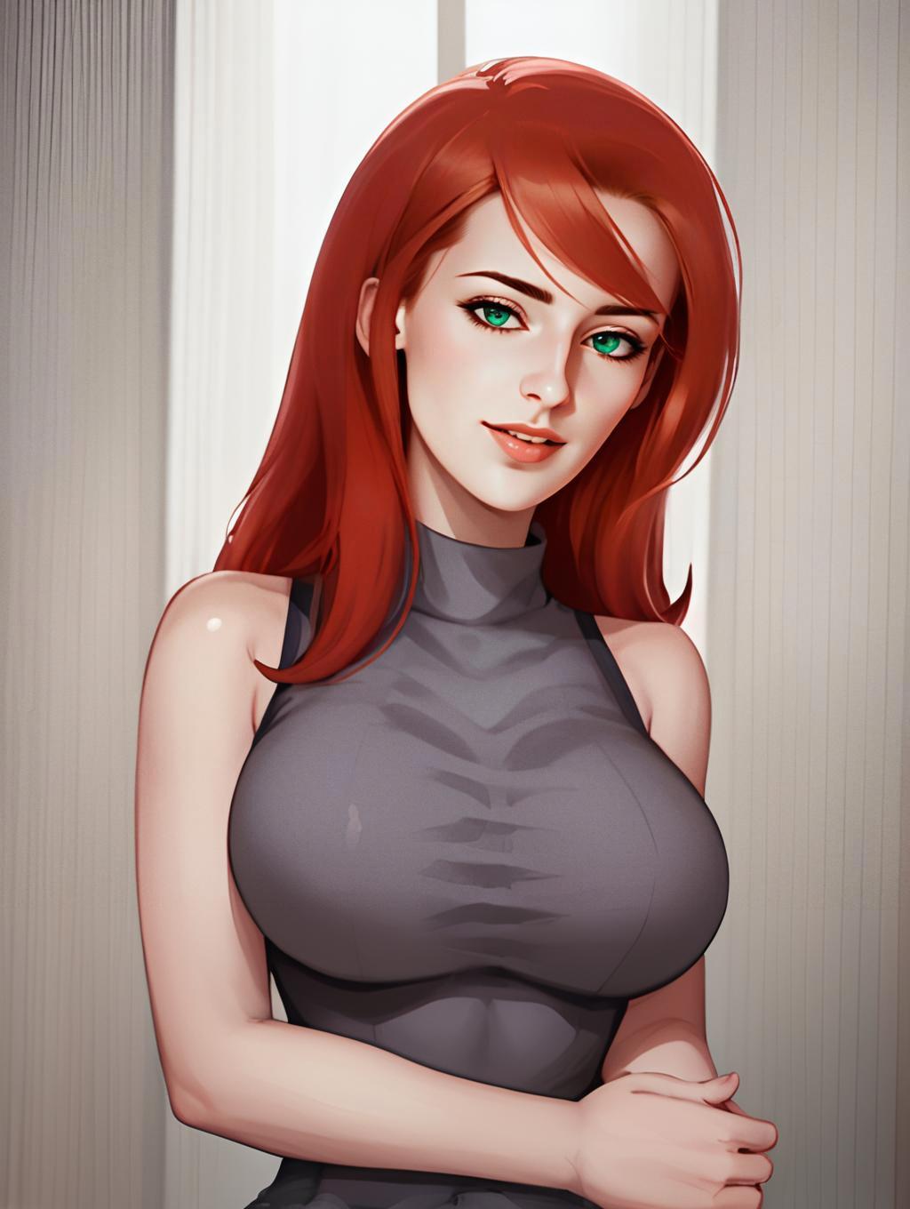 Anime Illustration of Red-Haired Woman with Green Eyes in Gray Top