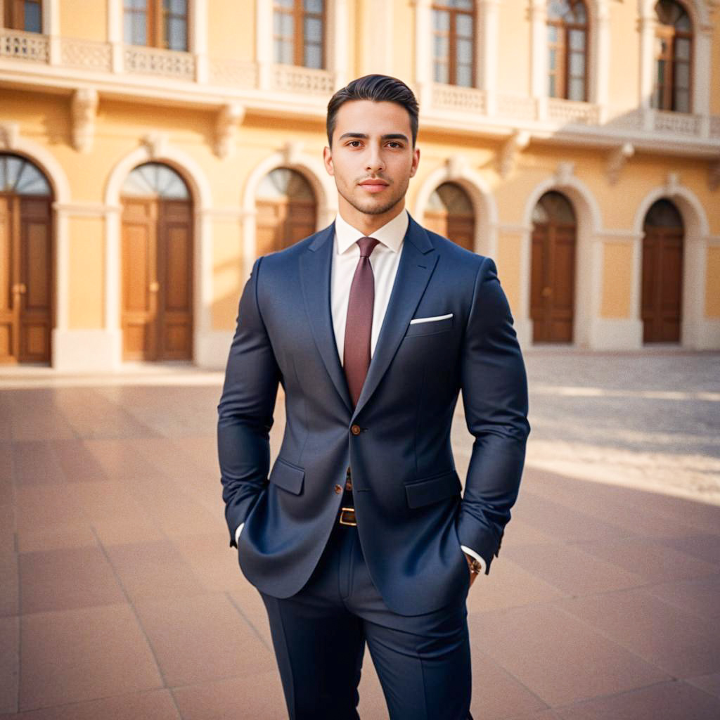 Confident Man in Tailored Navy Suit Outdoors