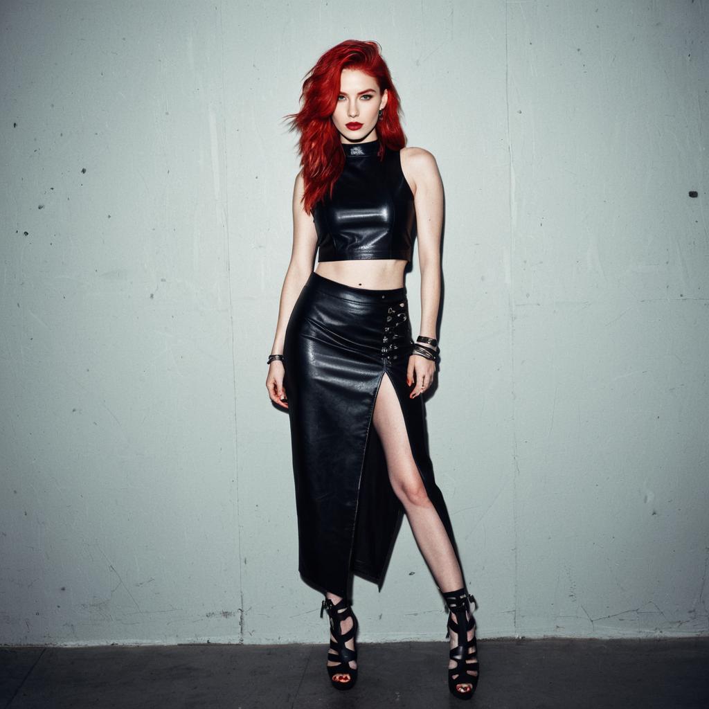 Stylish Red-Haired Woman in Black Leather Outfit with High Slit Skirt