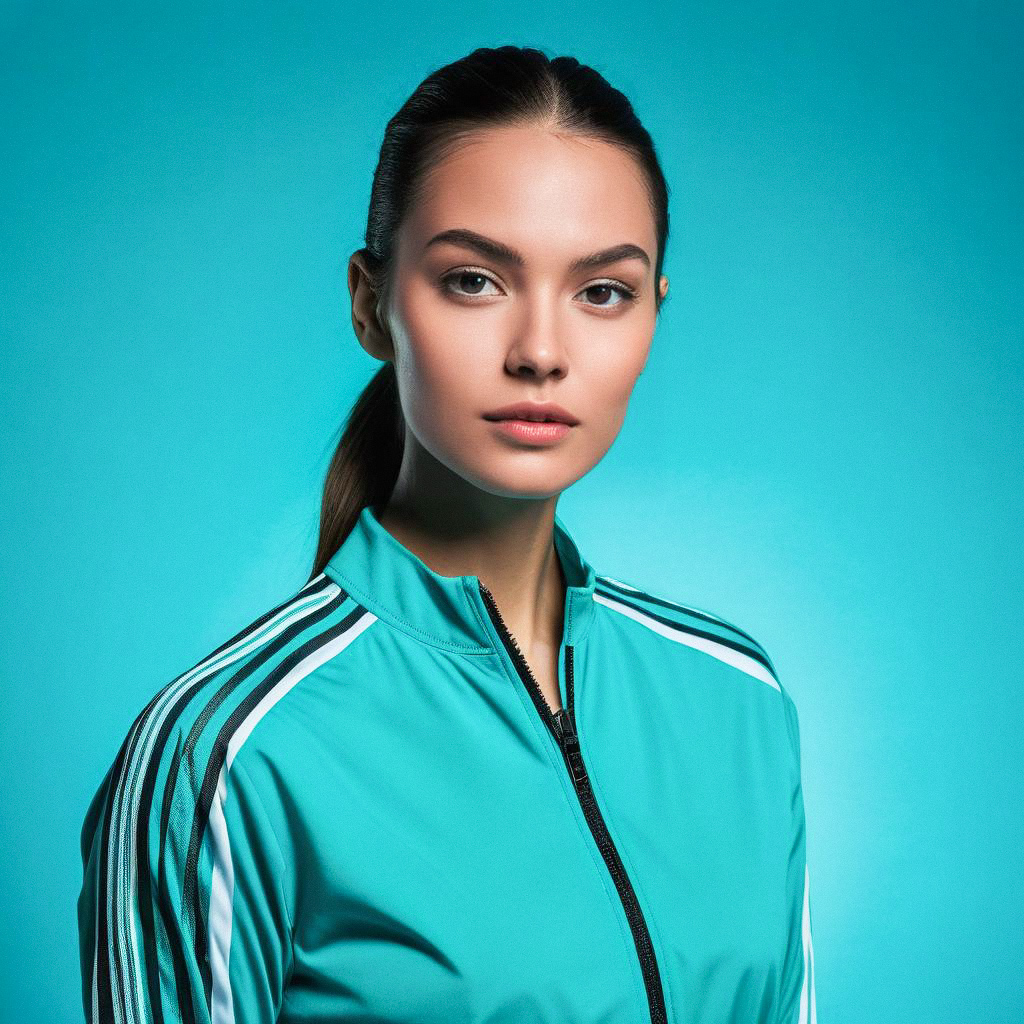 Confident Woman in Athletic Jacket Against Turquoise Background