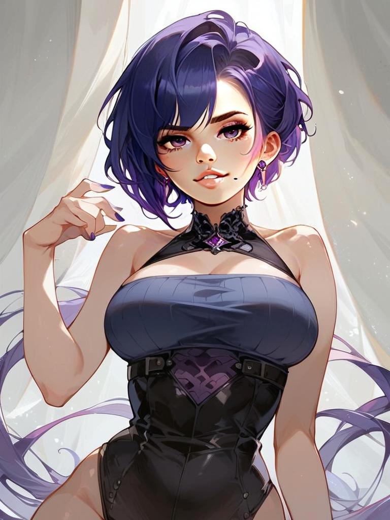 Anime Style Portrait of Purple-Haired Woman in Elegant Corset Outfit