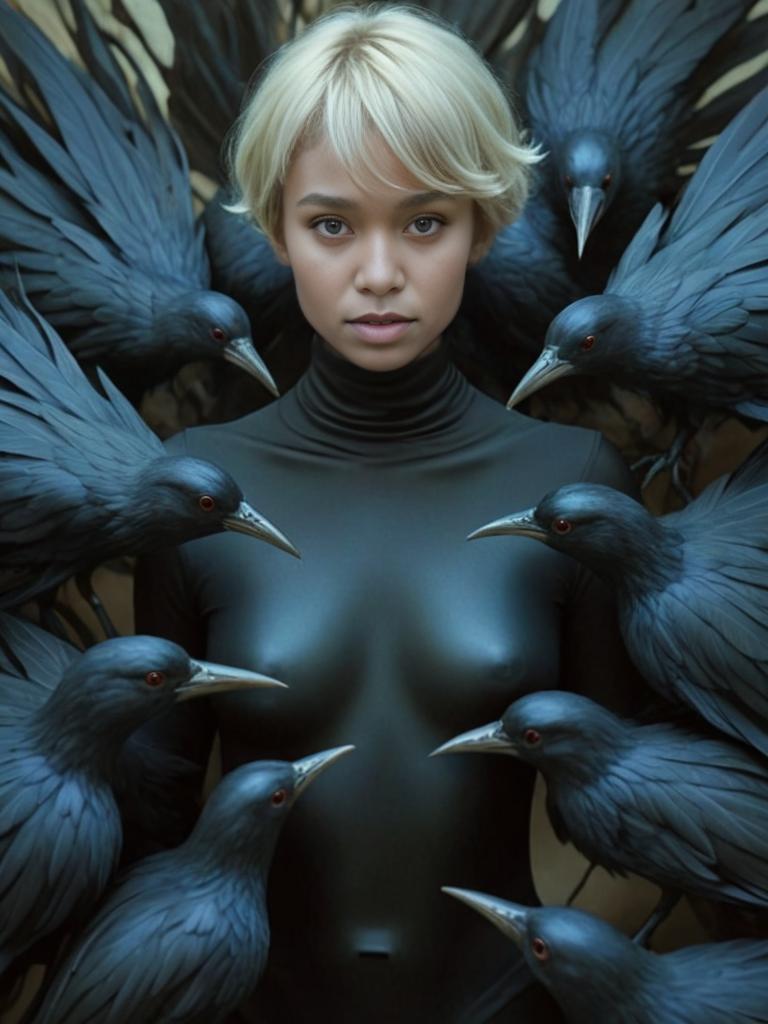 Surreal Woman Surrounded by Black Birds