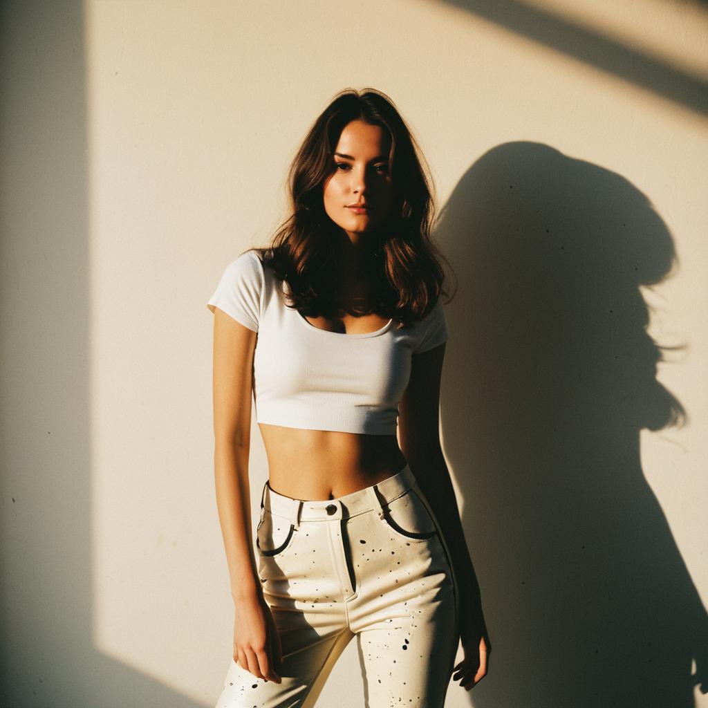 Young Woman in White Crop Top and Artistic High-Waisted Pants in Natural Light