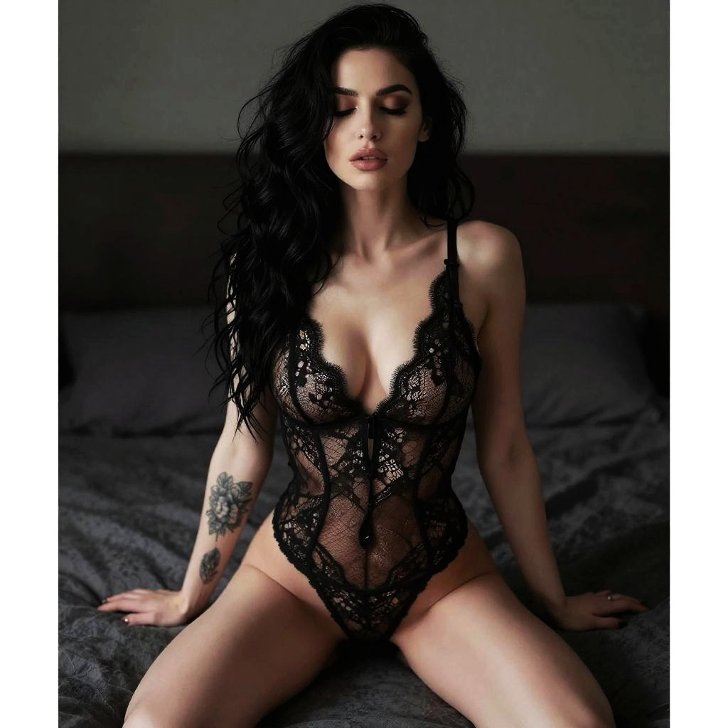 Woman in Black Lace Bodysuit Sitting on Bed with Eyes Closed