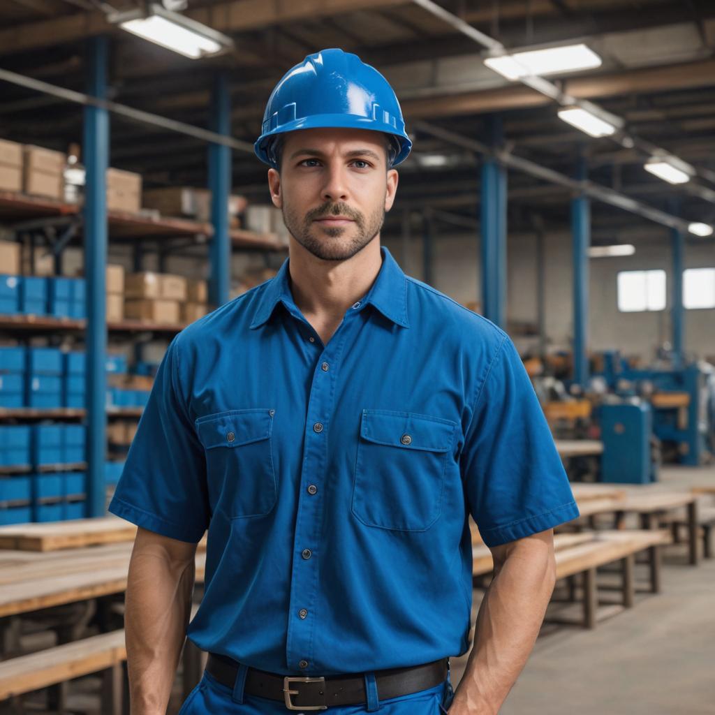 Confident Worker in Blue Uniform and Safety Helmet in Warehouse