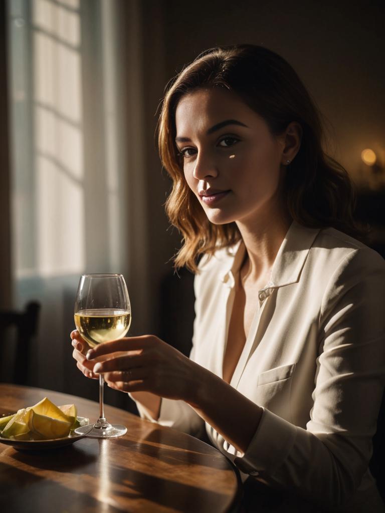 Elegantly Dressed Woman Enjoying White Wine in Natural Light