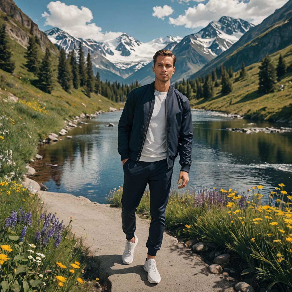 Casual man walking on a scenic mountain path