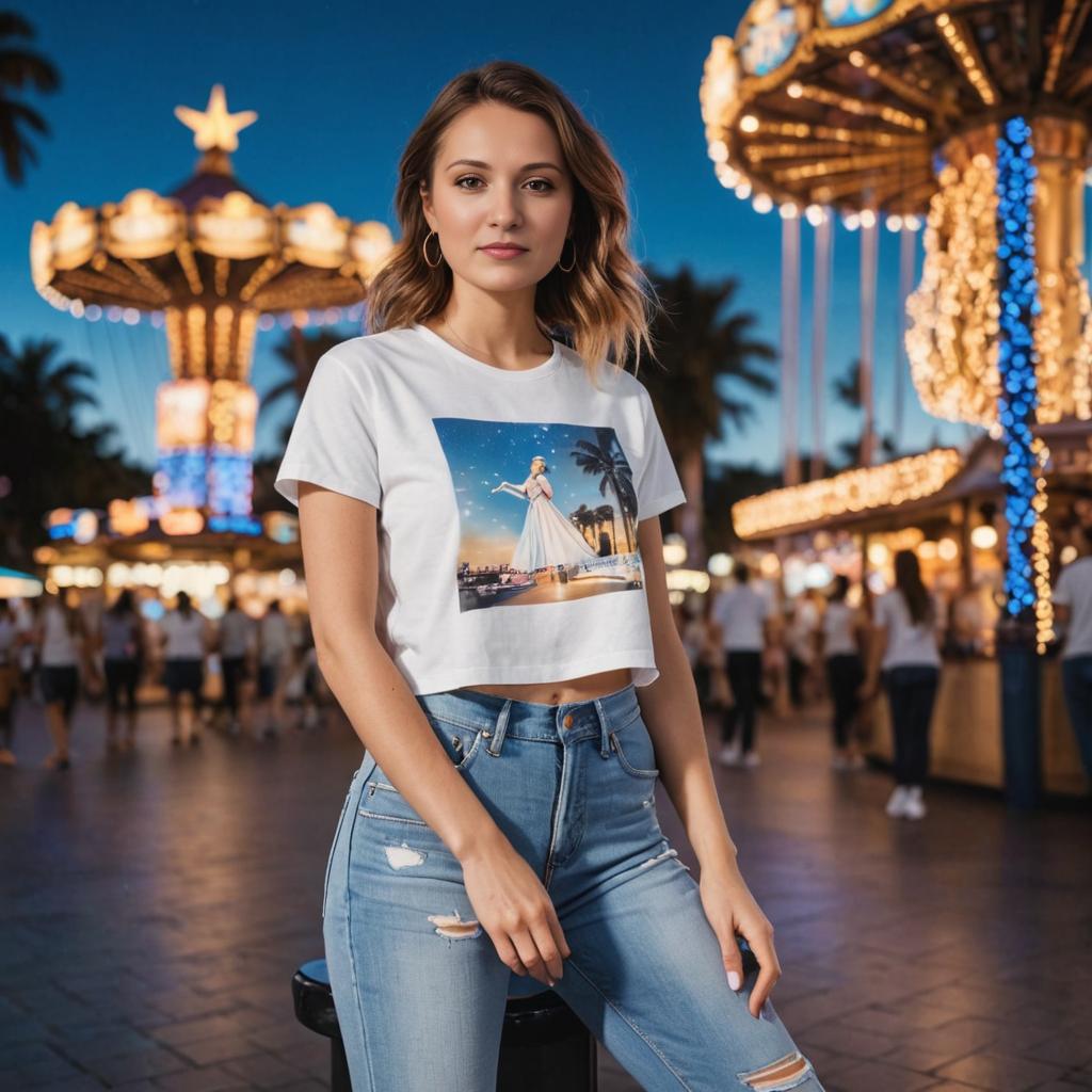 Stylish Woman at Amusement Park Evening