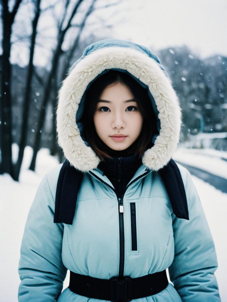 Winter Portrait of Woman in Light Blue Fur-Lined Hooded Coat