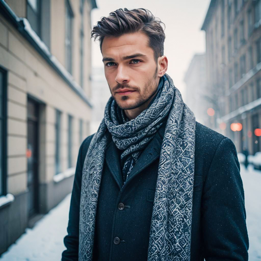 Stylish Man Wearing Patterned Scarf on Snowy City Street