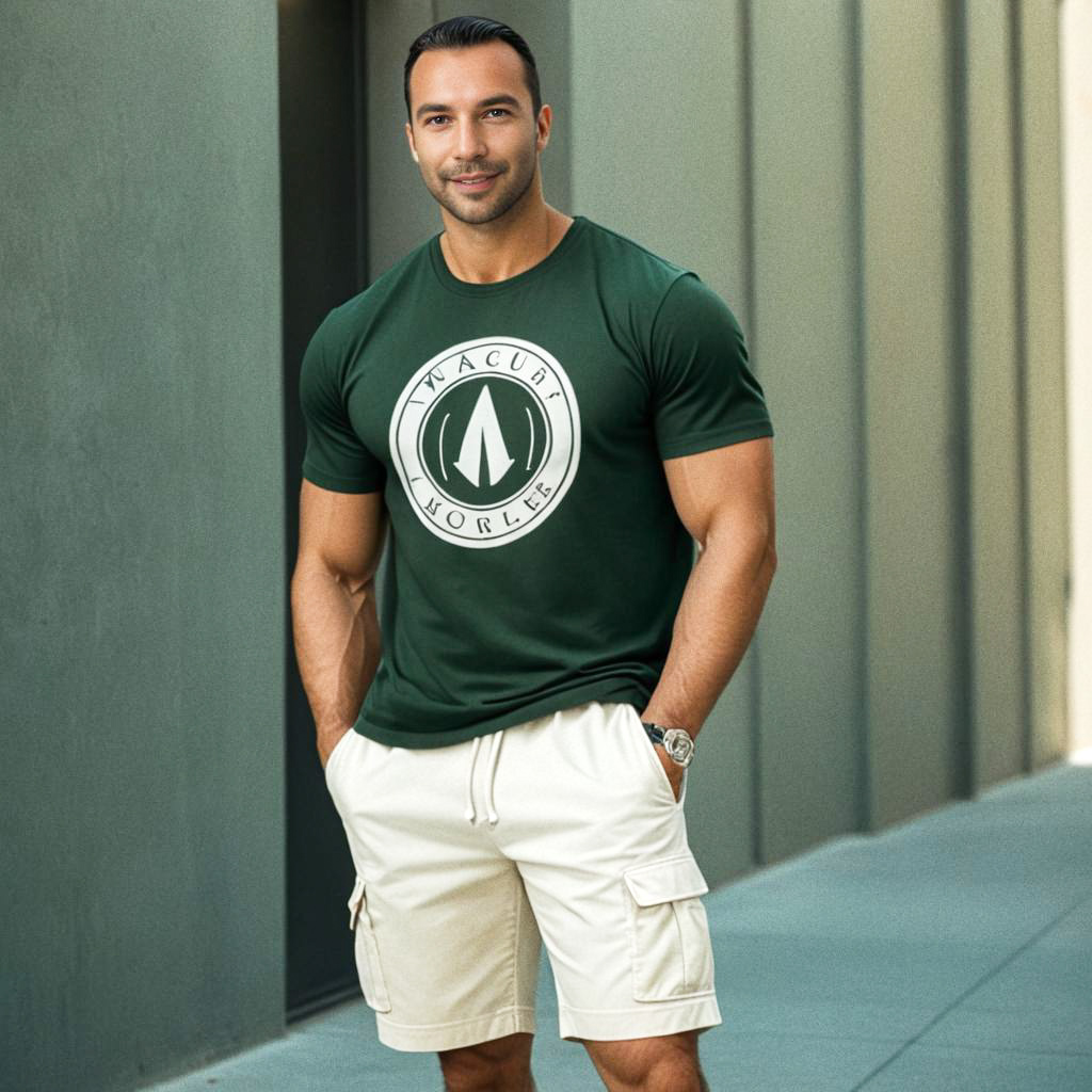 Stylish man in trendy green t-shirt and shorts