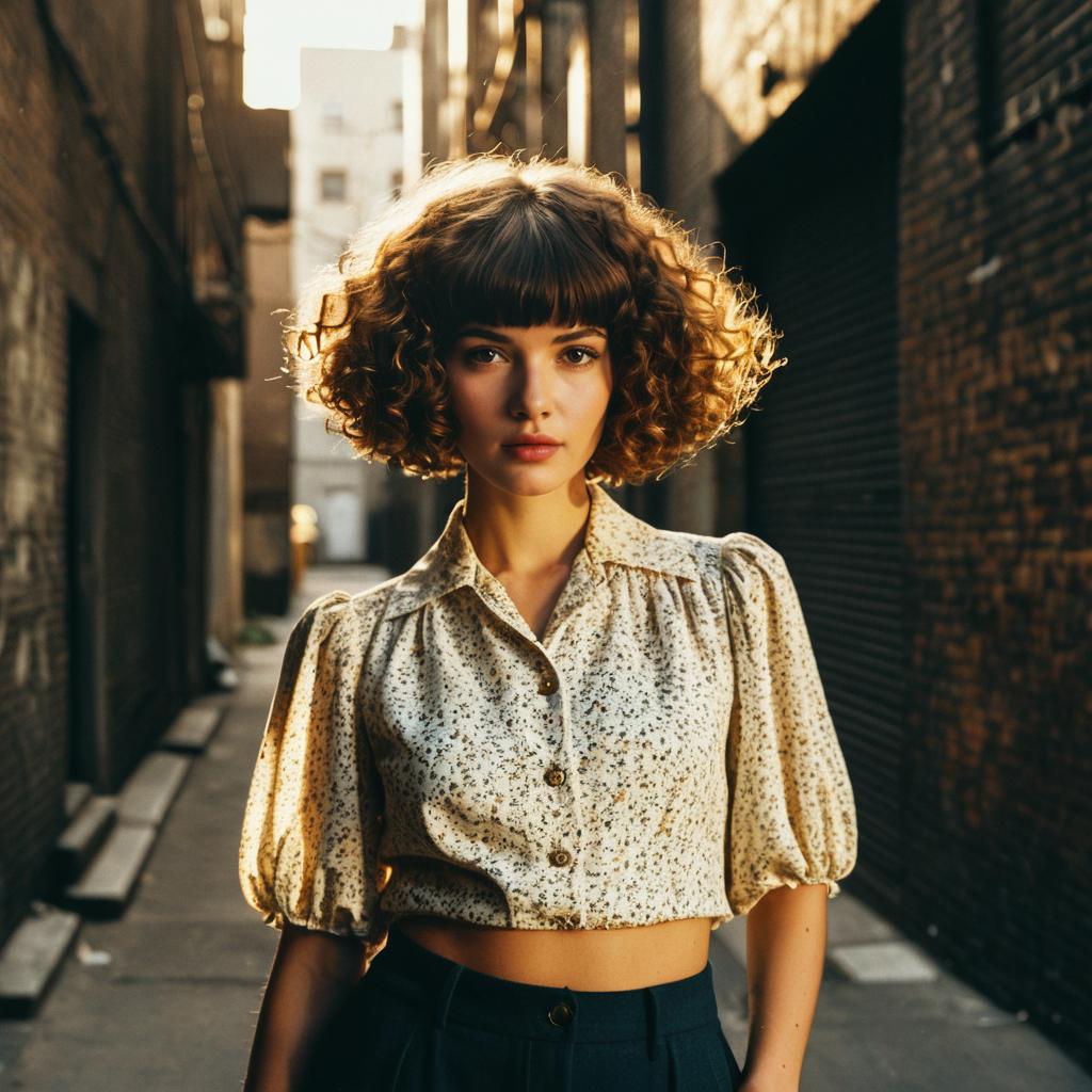 Young Woman in Vintage Cropped Blouse and Curly Hair in Urban Alleyway