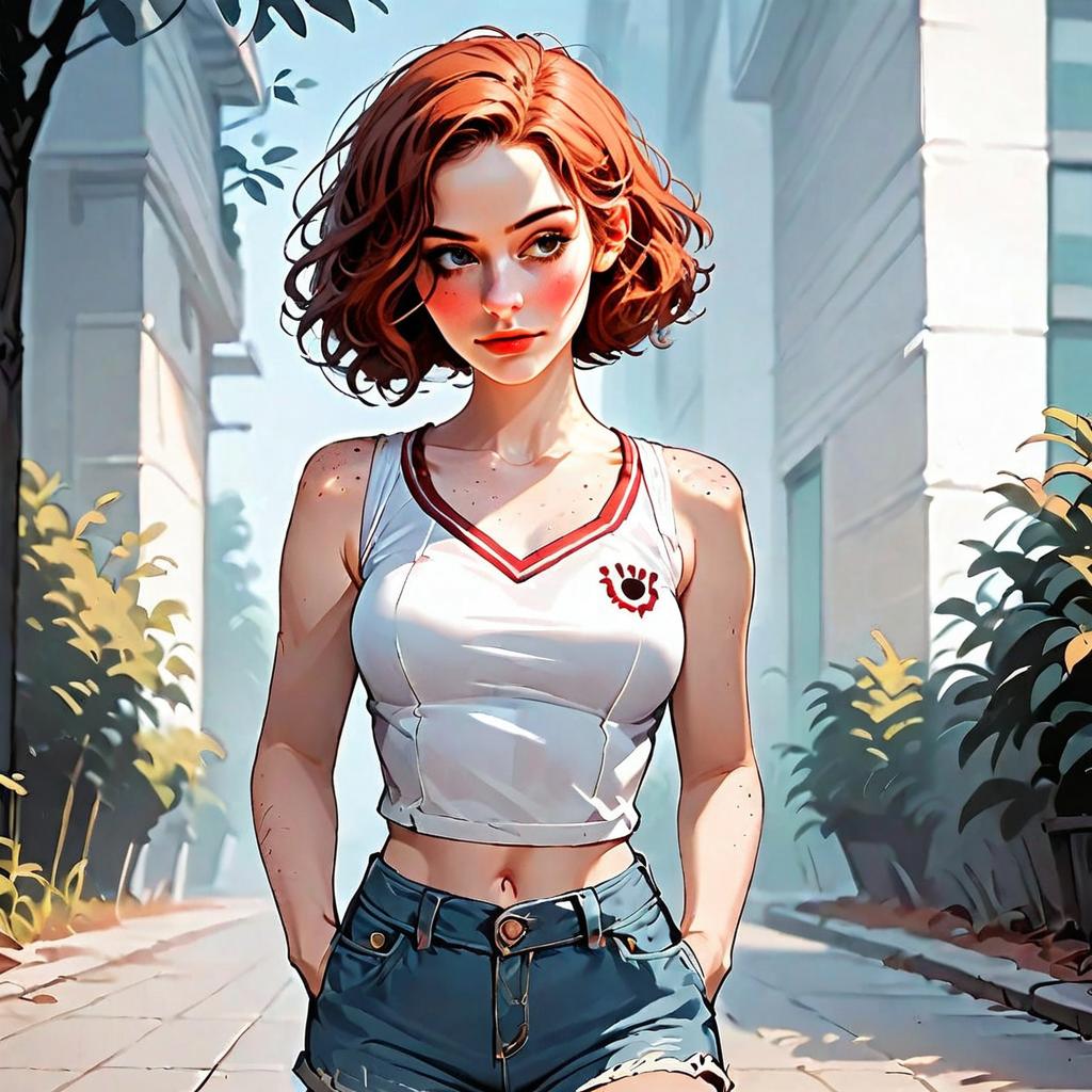 Young Woman with Red Hair in Crop Top and Denim Shorts Digital Illustration