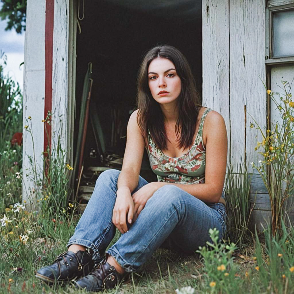 Young Woman at Rustic Shed with Wildflowers