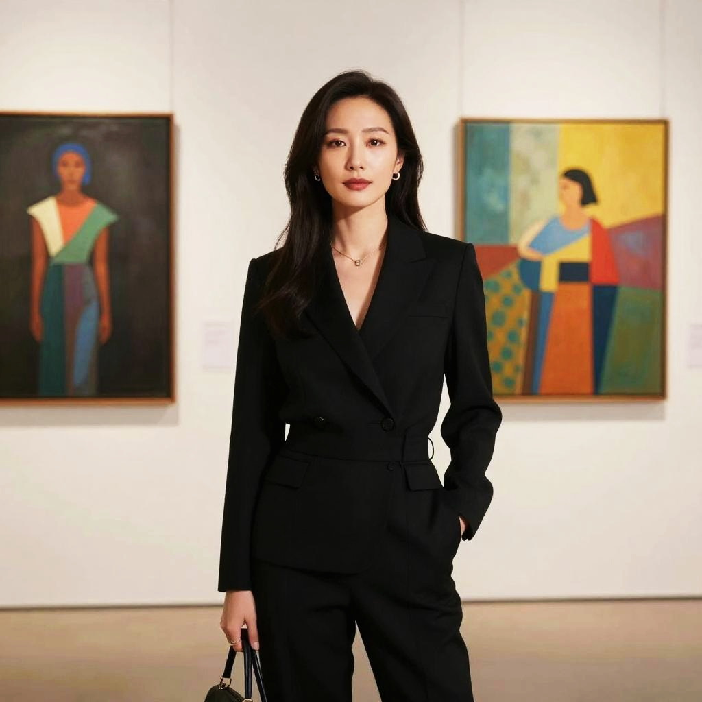 Elegant Woman in Black Suit at Modern Art Gallery