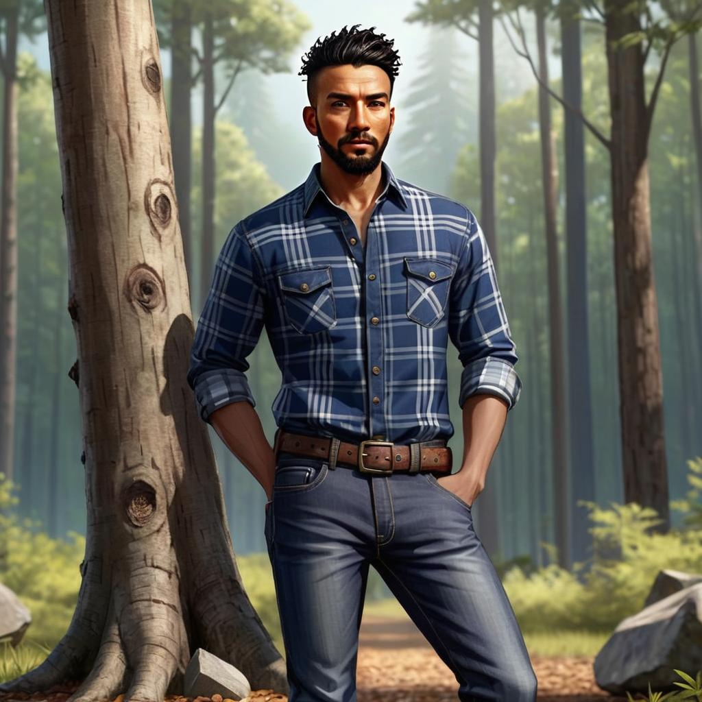 Man in Blue Plaid Shirt Standing in Forest Outdoors