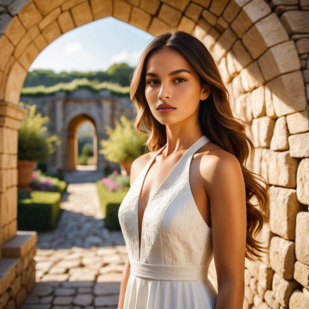Elegant Woman in White Dress Under Archway
