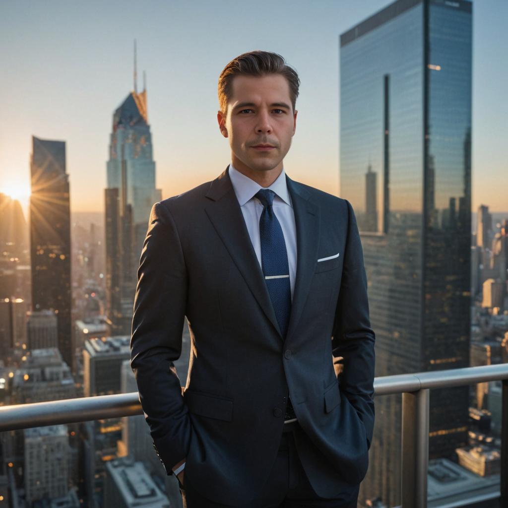 Confident Professional Man in Stylish Suit with City Skyline