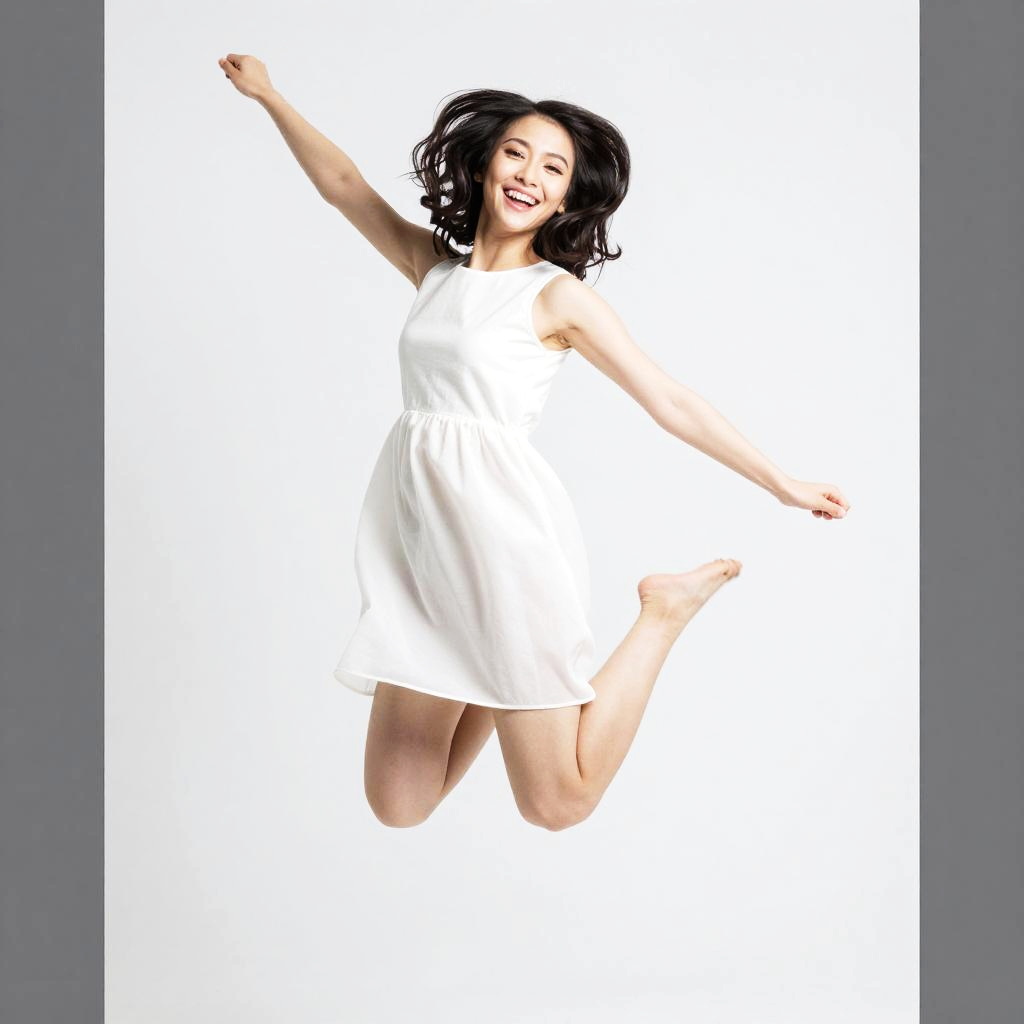 Happy Young Woman Jumping in White Dress - Energetic Gen Z Lifestyle