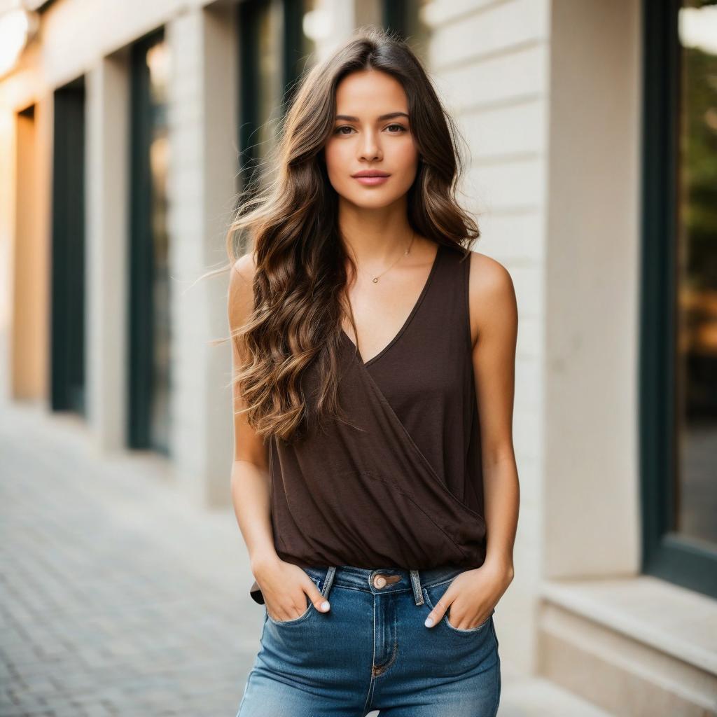 Confident Young Woman in Casual Brown Top and Jeans on City Sidewalk
