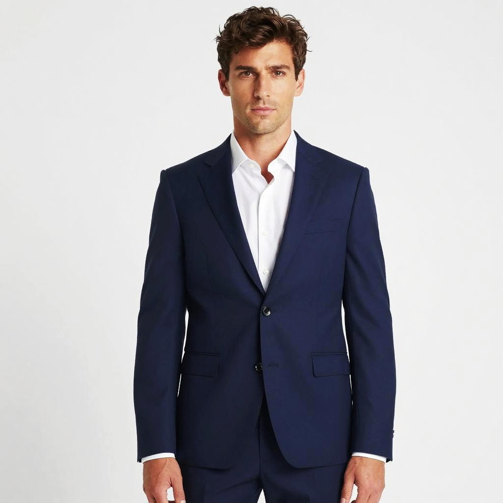 Confident Man in Navy Blue Slim-Fit Suit with White Dress Shirt