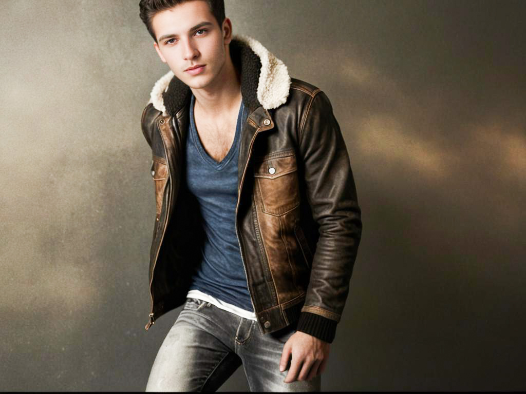 Stylish young man in leather jacket and shearling collar