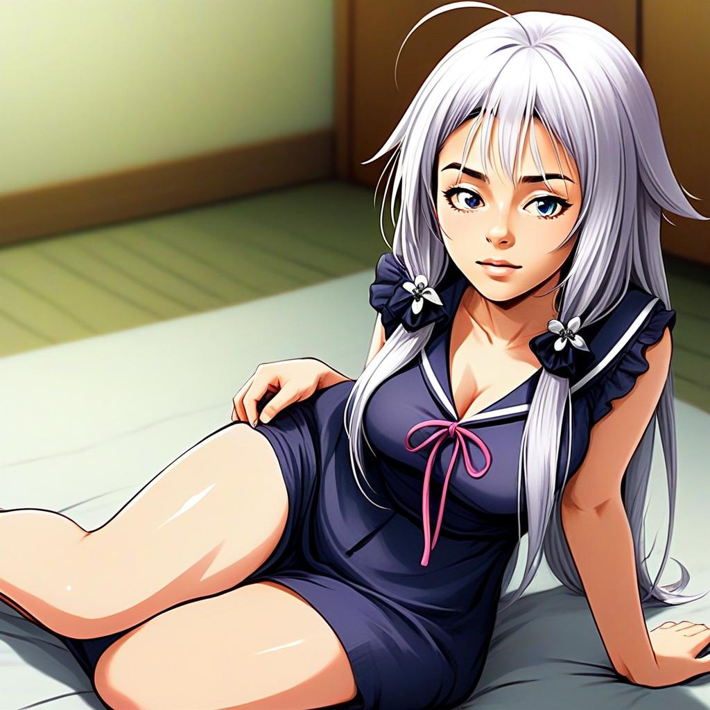 Anime Style Young Woman with Silver Hair in Sailor Outfit Illustration