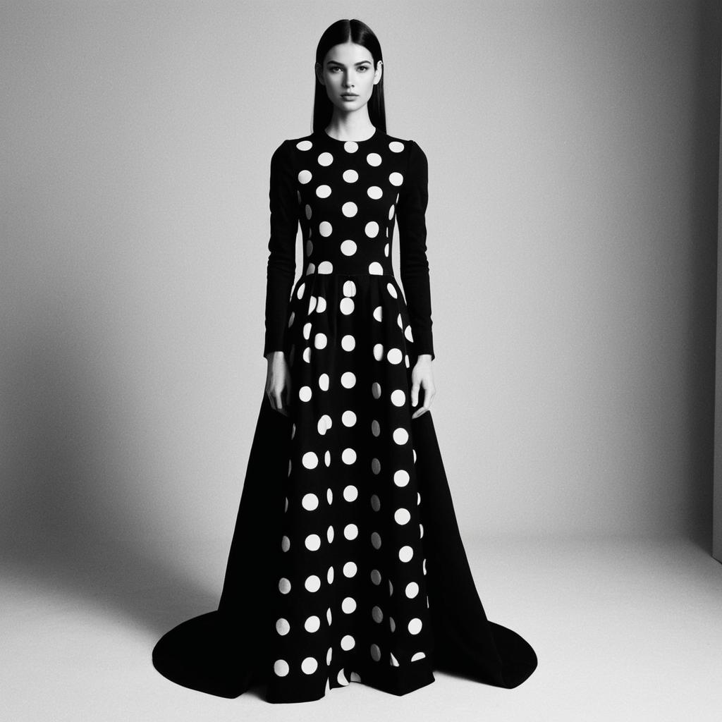 Elegant Woman Wearing Black Polka Dot Gown in Monochrome Studio