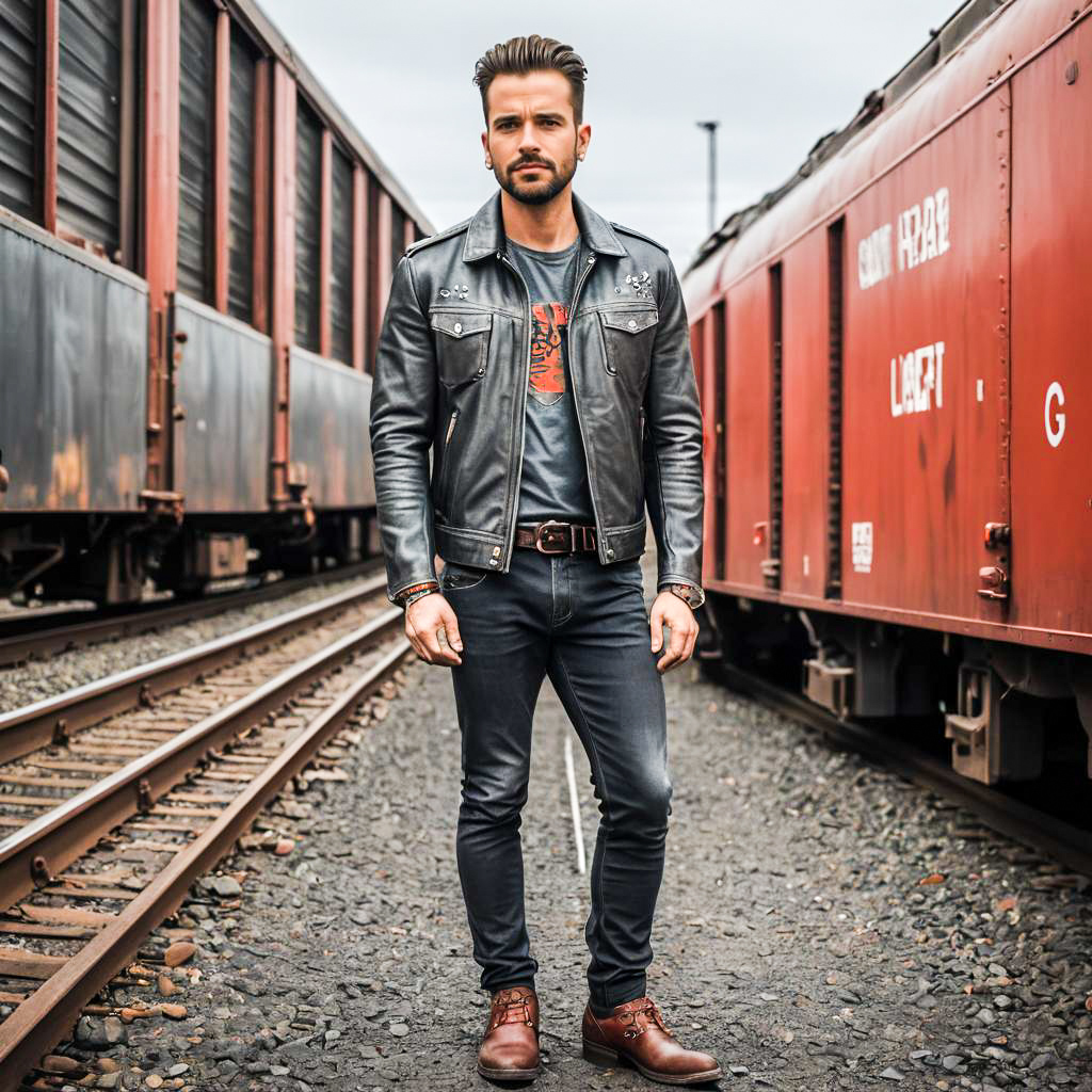 Man in Leather Jacket Standing on Train Tracks with Freight Cars