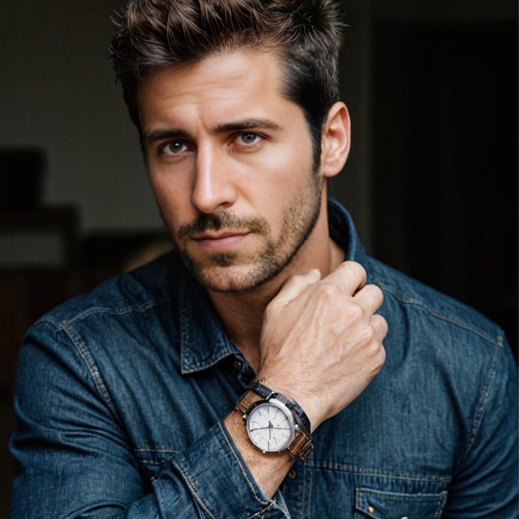 Man in Denim Shirt with Wristwatch