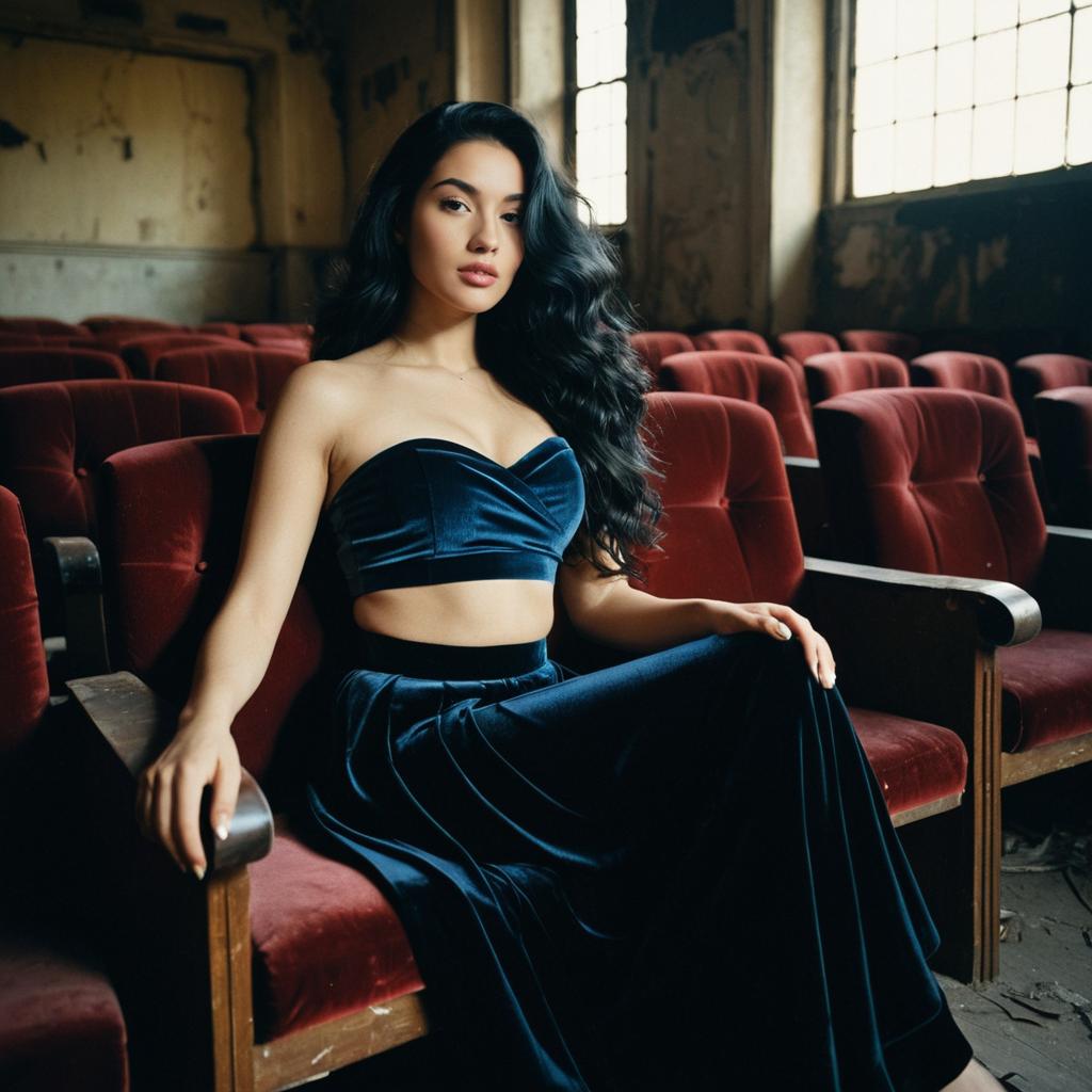 Elegant Woman in Velvet Two-Piece Outfit Sitting in Vintage Theater