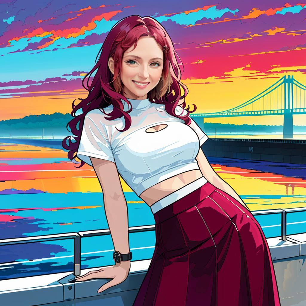 Anime Woman with Red Hair at Sunset