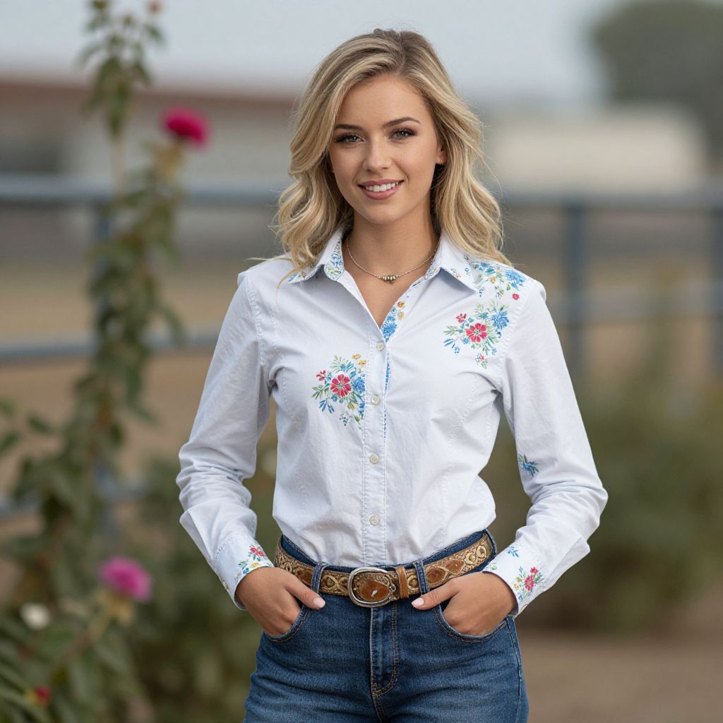 Young Woman in Floral Embroidered Shirt and Western Belt Outdoors
