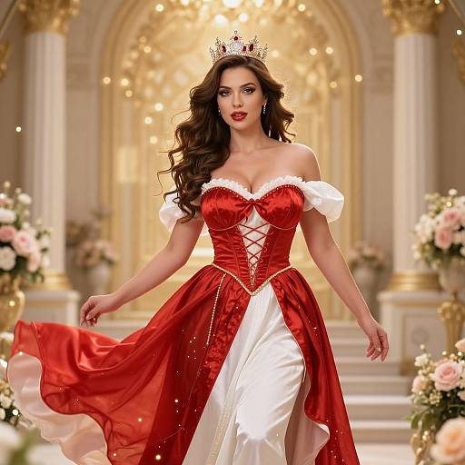 Elegant Woman in Red Satin Gown and Crown in Luxurious Palace Setting