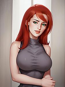 Anime Illustration of Red-Haired Woman with Green Eyes in Gray Top