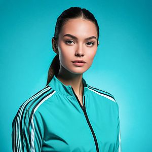 Confident Woman in Athletic Jacket Against Turquoise Background