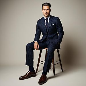 Confident Man in Navy Pinstripe Suit