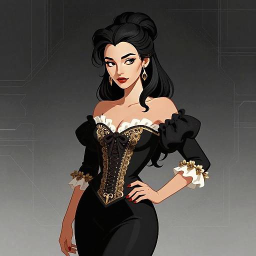 Elegant Woman in Victorian Style Black Dress Digital Illustration