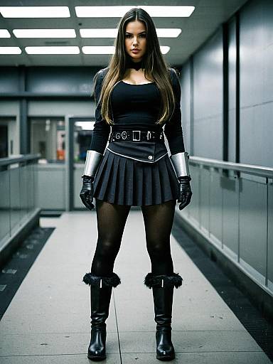 Futuristic Woman in Black Costume with Pantyhose and Metallic Accents