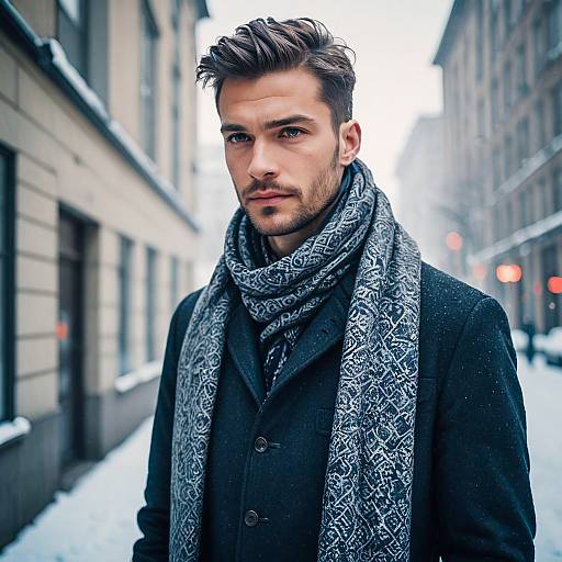 Stylish Man Wearing Patterned Scarf on Snowy City Street