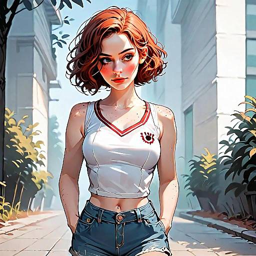 Young Woman with Red Hair in Crop Top and Denim Shorts Digital Illustration