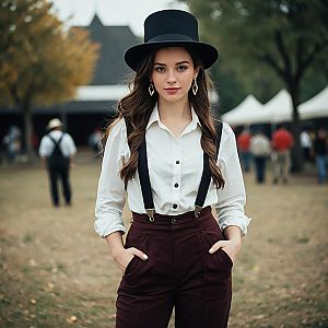 Chic Woman in Vintage Outfit with Black Hat