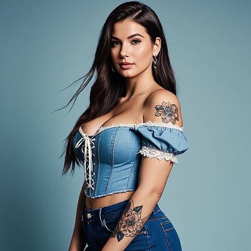 Stylish Woman Wearing Denim Corset with Floral Tattoos on Arm