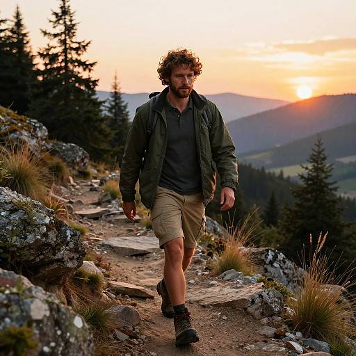 Man Hiking on Mountain Trail at Sunset with Backpack
